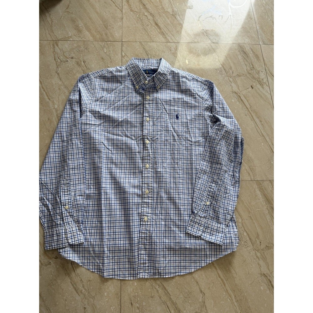 Ralph Lauren Men’s Classic Fit Plaid Shirt Blue White 100% Cotton Stretch L